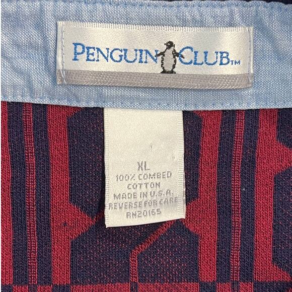 Vtg '90s Penguin Club Burgundy & Blue All Over Design Long Sleeve Polo Shirt XL - Picture 8 of 9